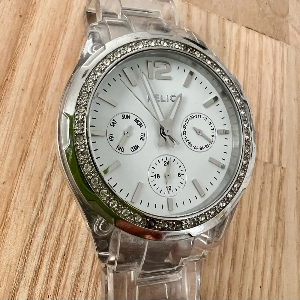Relic ladies silver tone clear links fashion watch NEW BATTERY